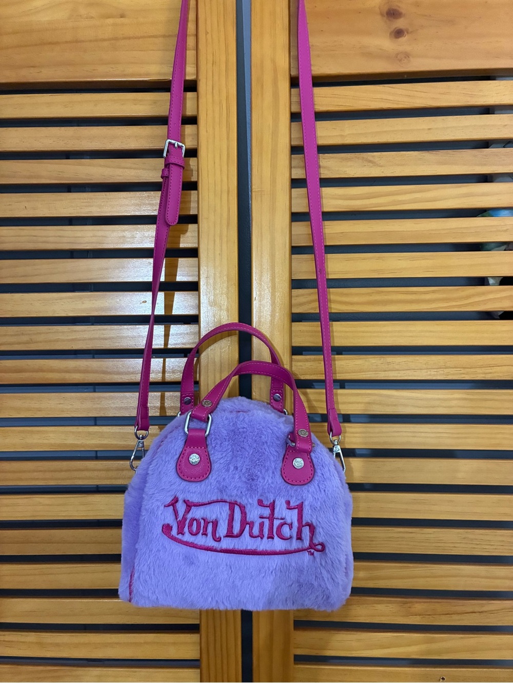 Von Dutch Purple Faux Fur Crossbody Bag with Pink Straps